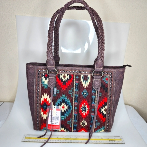 MONTANA WEST BROWN LEATHER AZTEC TAPESTRY CONCEAL CARRY TOTE - Picture 2 of 4